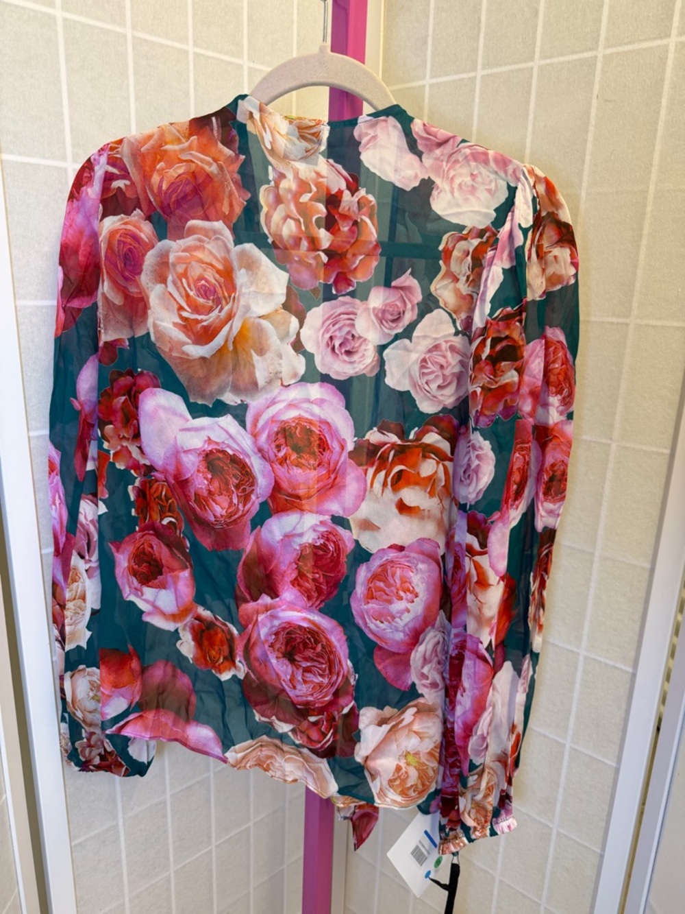 NWT Pinko Teal Floral Wrap Blouse with Pink & Peach Roses - Picture 7 of 9